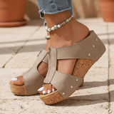 Women's Taupe Suede Wedge Sandals - Zip Detail