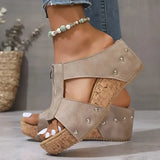 Women's Taupe Suede Wedge Sandals - Zip Detail