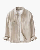 Men's Beige Linen Overshirt with Chest Pockets