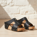 Women's Taupe Suede Wedge Sandals - Zip Detail