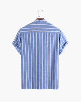Men's Blue Striped Cotton Short Sleeve Shirt