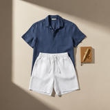 Men's Navy and White Linen Short Sleeve Set