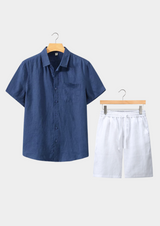 Men's Navy and White Linen Short Sleeve Set