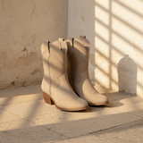 Women's Cream Suede Western Boots - Perforated Detail