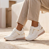 Women's White Leather Wedge Sneakers - Metallic Accent