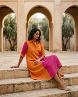Women's Orange Colorblock Cotton Midi Dress
