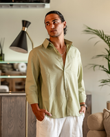 Men's Cream Linen Long Sleeve Shirt