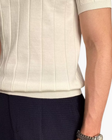 Men's Cream Ribbed Knit Polo Shirt - Short Sleeve