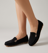 Women's Black Suede Loafers - Metal Detail