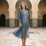 Women's Navy Patchwork Cotton Midi Dress