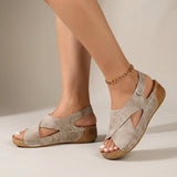 Women's Beige Suede Cross-Strap Wedge Sandals