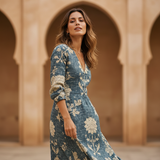 Women's Navy Floral Linen Midi Dress