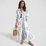 Women's Linen Maxi Dress - Blue Leaf Print