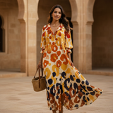 Women's Linen Maxi Dress - Blue Leaf Print