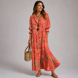 Women's Linen Maxi Dress - Blue Leaf Print