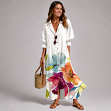 Women's Linen Maxi Dress - Blue Leaf Print