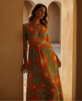 Women's Floral Cotton Maxi Dress - V-Neck
