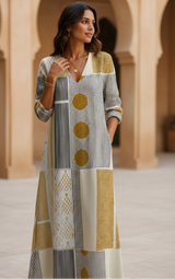 Women's Gold Geometric Cotton Midi Dress