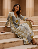 Women's Gold Geometric Cotton Midi Dress