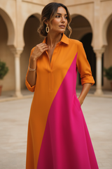 Women's Orange Colorblock Cotton Midi Dress