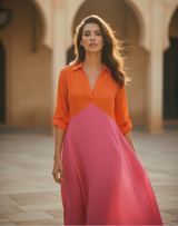 Women's Orange Colorblock Cotton Midi Dress