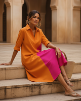Women's Orange Colorblock Cotton Midi Dress