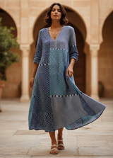 Women's Navy Patchwork Cotton Midi Dress