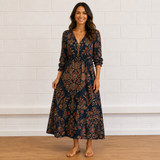 Women's Navy Vintage Floral Cotton Maxi Dress