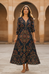 Women's Navy Vintage Floral Cotton Maxi Dress