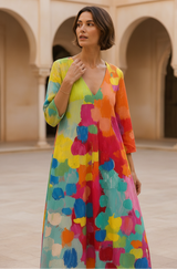 Women's Abstract Linen Maxi Dress - V-Neck