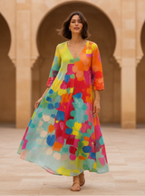 Women's Abstract Linen Maxi Dress - V-Neck
