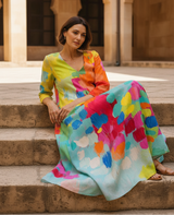 Women's Abstract Linen Maxi Dress - V-Neck