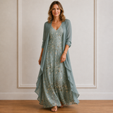 Women's Floral Linen Maxi Dress and Cardigan Set