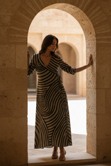 Women's Striped Linen Midi Wrap Dress
