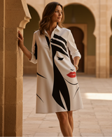 Women's White Midi Shirt Dress - Black Abstract