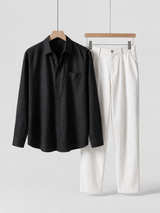 Men's Black Linen Shirt and Pants Set - Relaxed