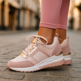 Women's White Leather Wedge Sneakers - Metallic Accent