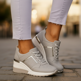 Women's White Leather Wedge Sneakers - Metallic Accent