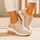 Women's White Leather Wedge Sneakers - Metallic Accent
