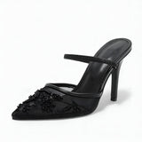 Women's Floral Embroidered Mesh Mule Heels