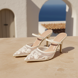 Women's Floral Embroidered Mesh Mule Heels