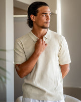 Men's Cream Ribbed Knit Polo Shirt