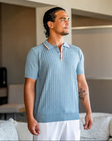 Men's Blue Ribbed Knit Polo Shirt