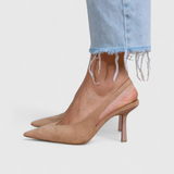 Women's Beige Suede Pointed Toe Slingback Heels