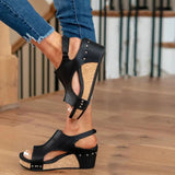Women's Black Leather Adjustable Wedge Sandals