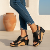 Women's Black Leather Adjustable Wedge Sandals