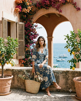 Women's Navy Floral Linen Midi Dress