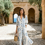 Women's Linen Maxi Dress - Blue Leaf Print