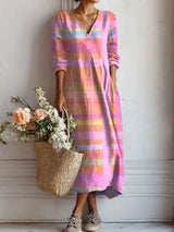 Women's Multicolor Linen Midi Dress - V-Neck