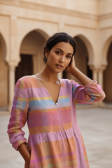 Women's Multicolor Linen Midi Dress - V-Neck